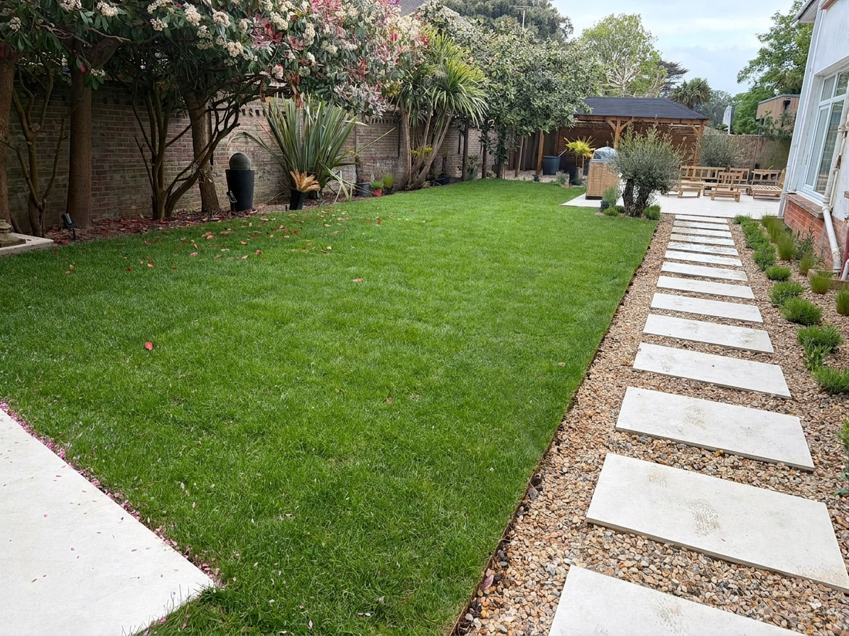 Completed garden renovation with lawn stepping stone path gravel borders and timber gazebo West Sussex