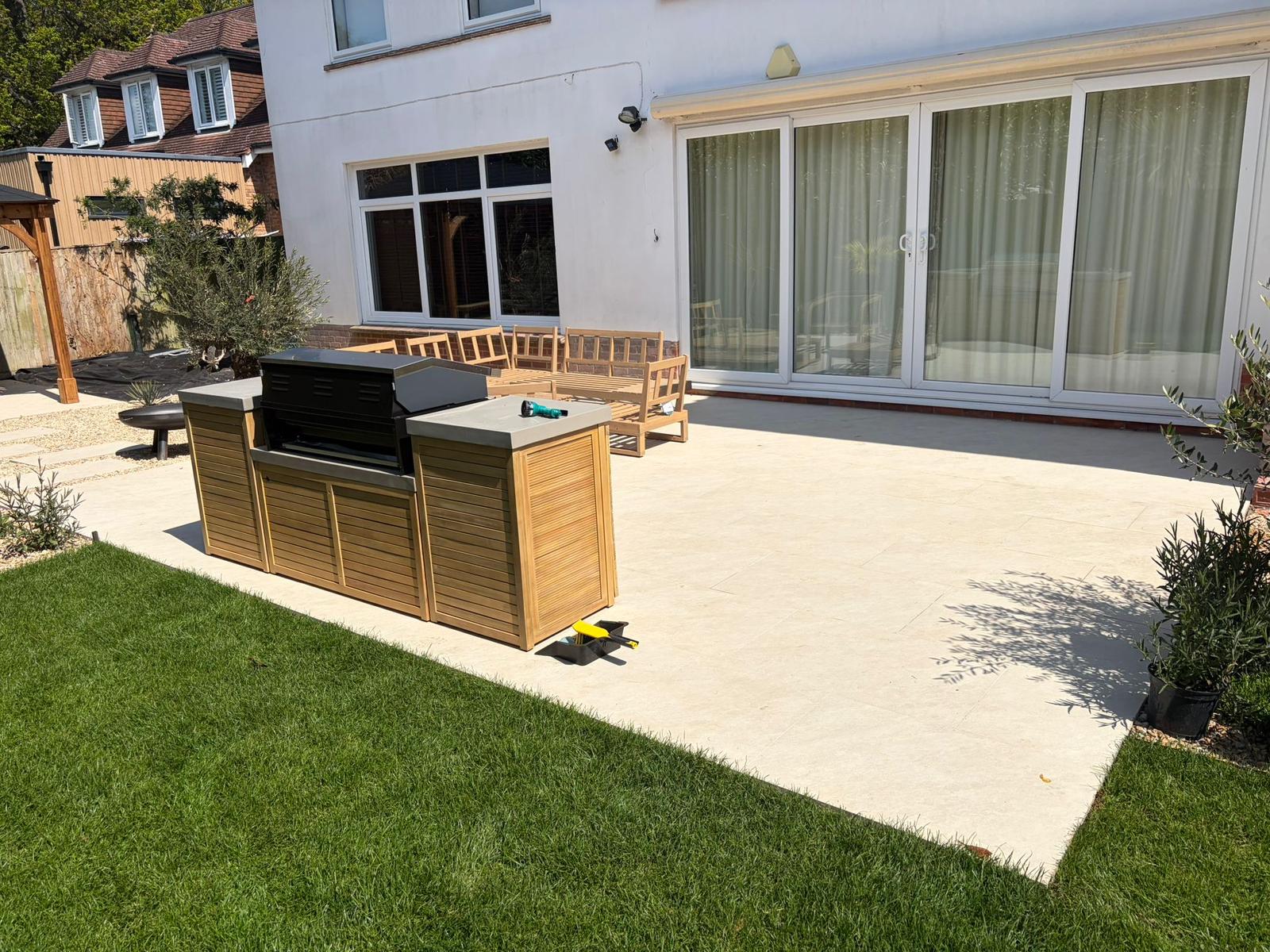 Side patio area nearing completion during garden renovation West Sussex