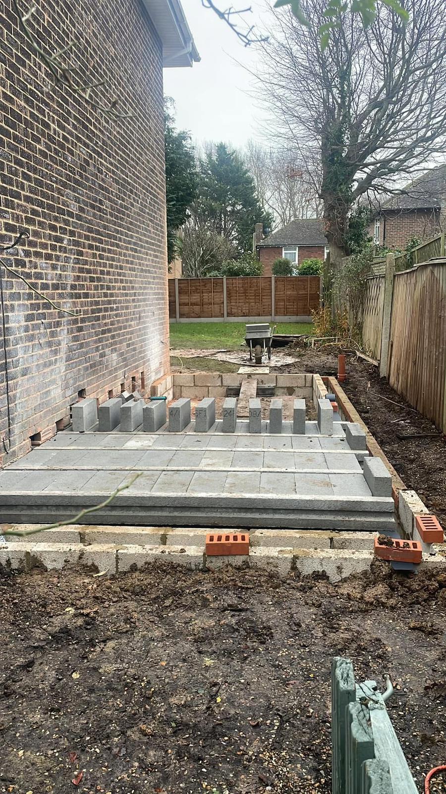 Groundworks and foundations laid for living room extension in West Sussex